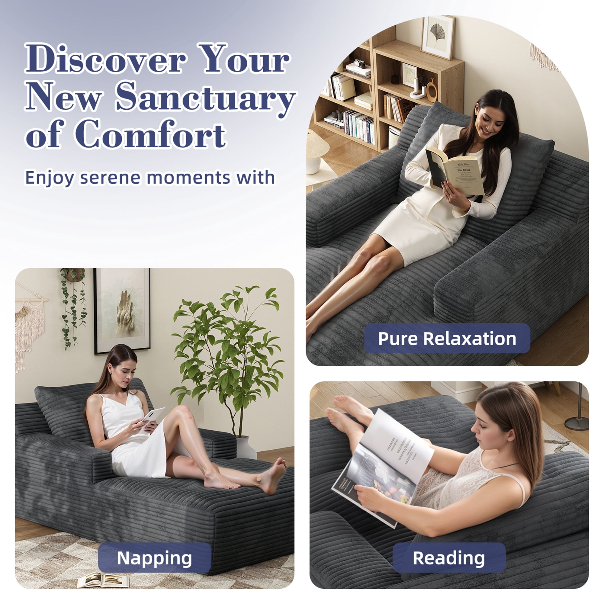 67'' Oversized Chaise Lounge Chair Indoor, Cloud Plush Corduroy Upholstered Sofa Bed, Modern Deep Seat Sofa with Back Cushion, Pillows, Cozy Sleeper Couch for Living Room, No Assembly Required, Grey