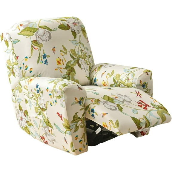 Velvet Recliner Cover 4 Pieces Printed Lazy Boy Chair Covers Recliner Sofa Slipcover Anti-Slip Fitted Furniture Protector with Elastic Bottom