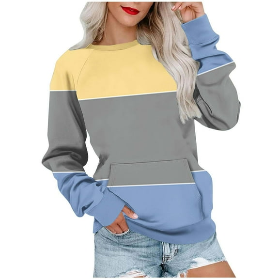 Kaemgyyd Womens Casual Crewneck Sweatshirts Color Block Long Sleeve Cute Tunic Tops Loose Lightweight Pullovers with Pocket