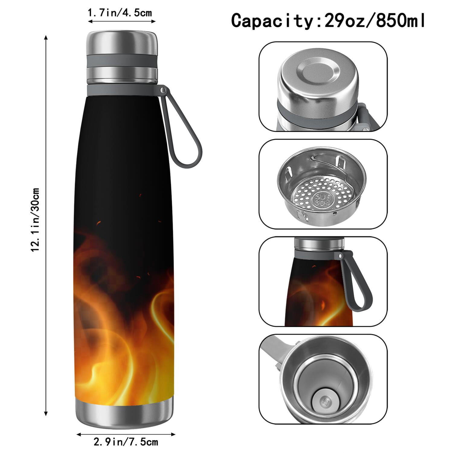 29oz Insulated Water Bottle with Tea Infuser, Stainless Steel Travel Mug, Flame Print