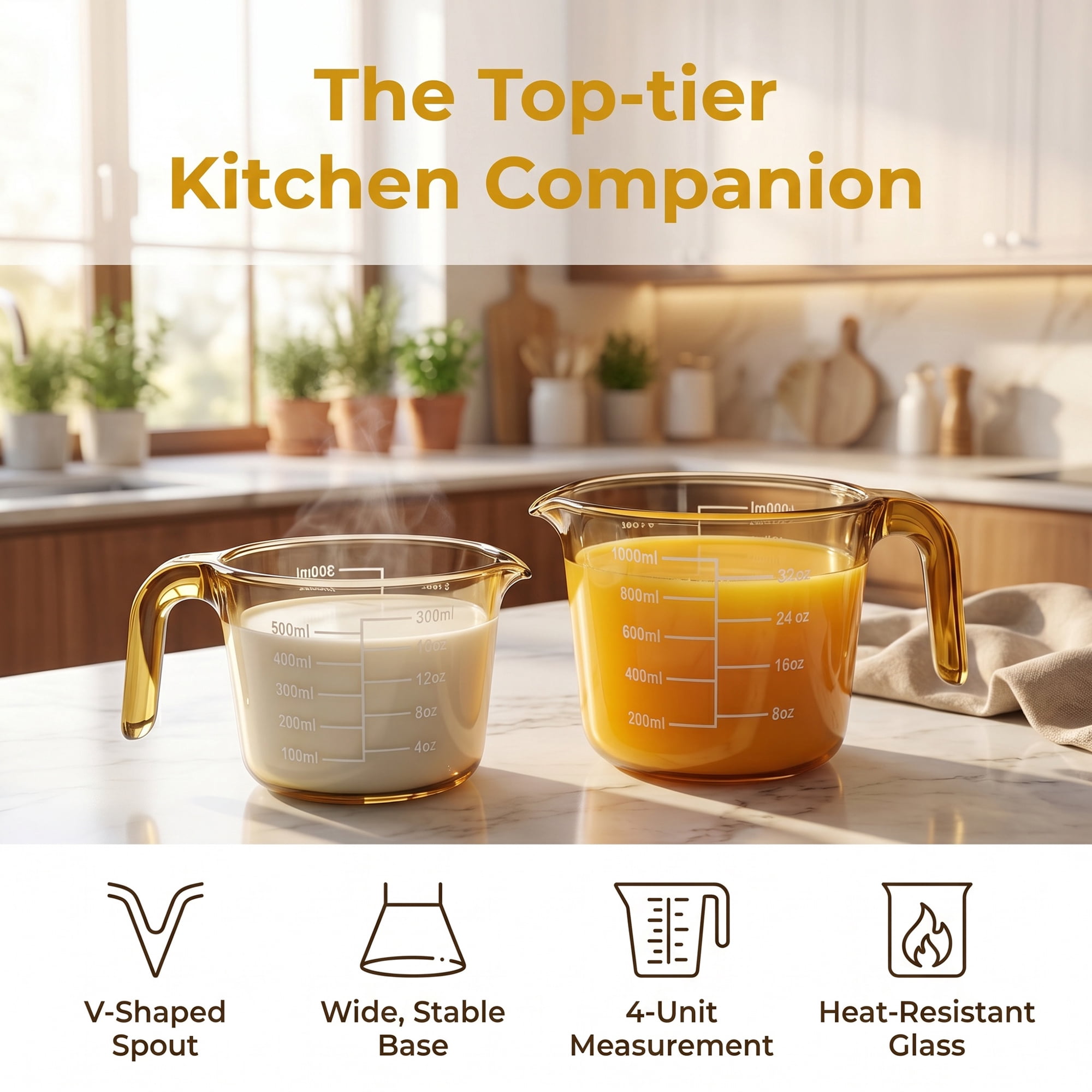 Unique Bargains Glass Measuring Cup for Kitchen Cooking Yellow 500ml/1000ml 2Pcs