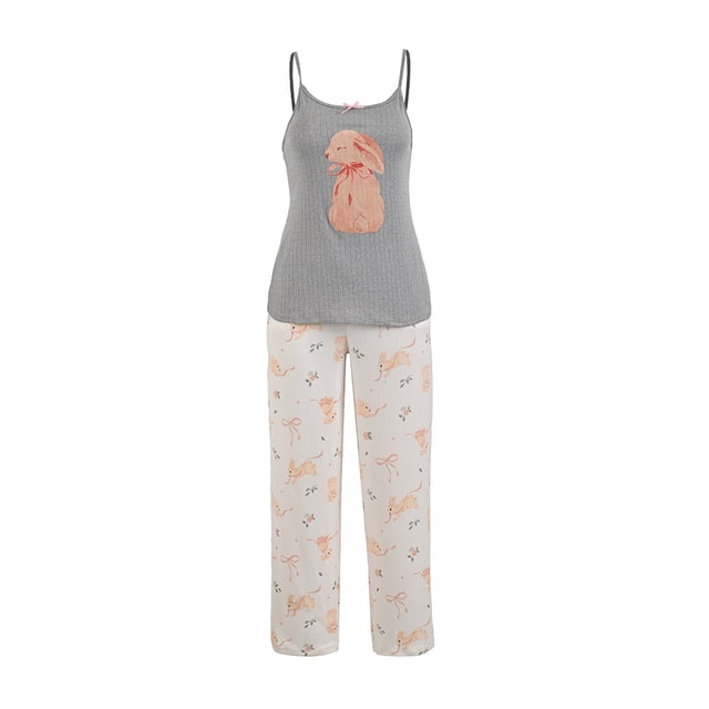 Set de Pijama Secret Treasures para Mujer, Top y Pantalón Gris-Blanco Talla G, 2 Piezas