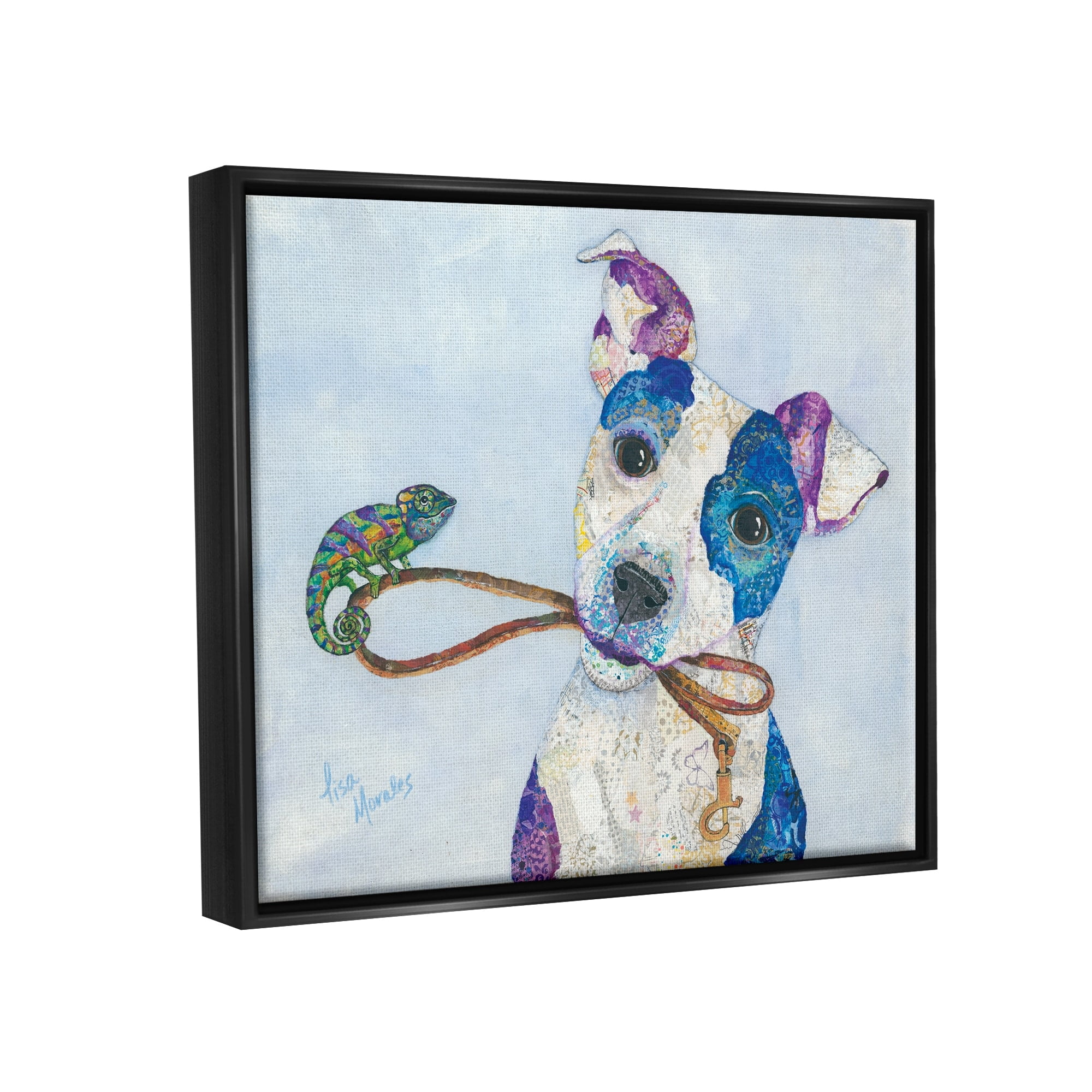 Stupell Industries Jack & Chameleon Smiling Dog Portrait Collage Painting Jet Black Floating Framed Canvas Print Wall Art, Design by Lisa Morales