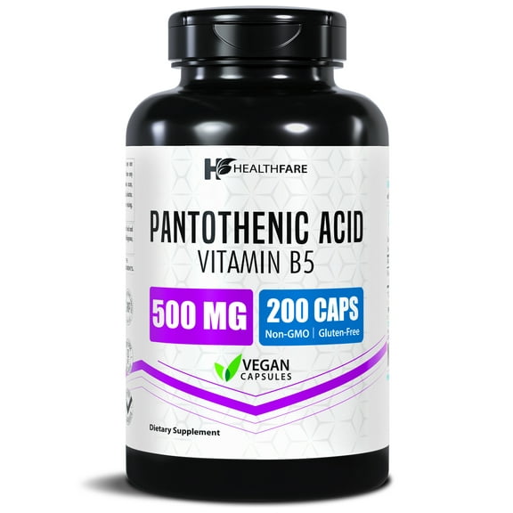 HealthFare Pantothenic Acid 500mg Vitamin B5 Supplement | 200 Vegan Capsules | Extra Strength Energy & Metabolism Support | Non-GMO, Gluten-Free | Made in USA
