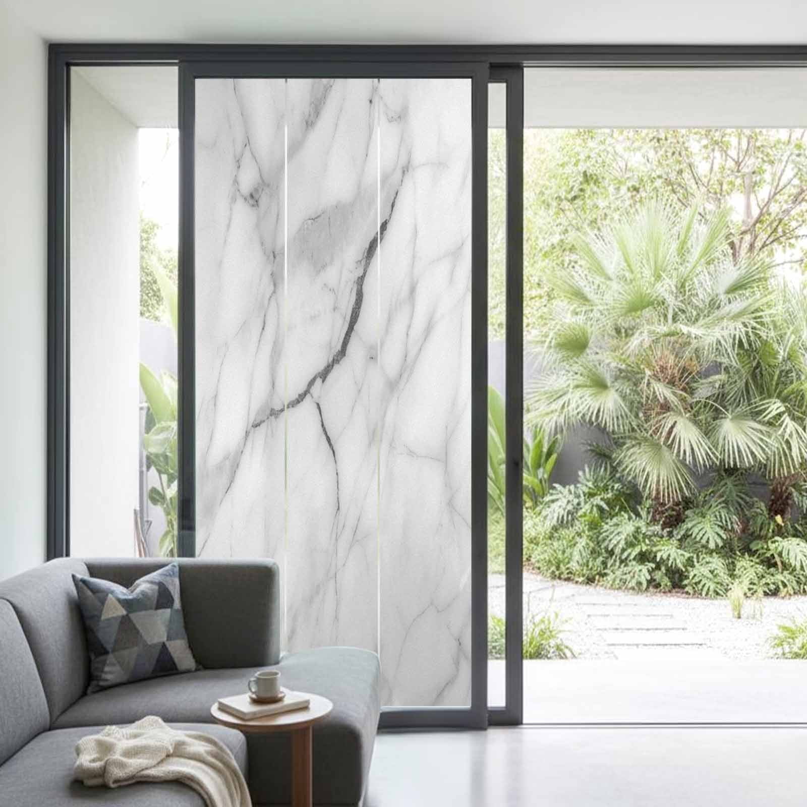 White Marble Window Privacy Film, Modern Geometric Abstract Minimalist Crack Static Cling UV Sun Blocking Heat Control Window Tint, Non-Adhesive One Way Windows Privacy Cover 35.4''x78.7''
