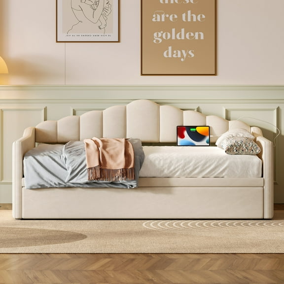 Twin Size Upholstered Daybed with Trundle & Charging Port, Beige Velvet Day Bed Frame with Adjustable Height Pop-Up Bed & Side Pockets