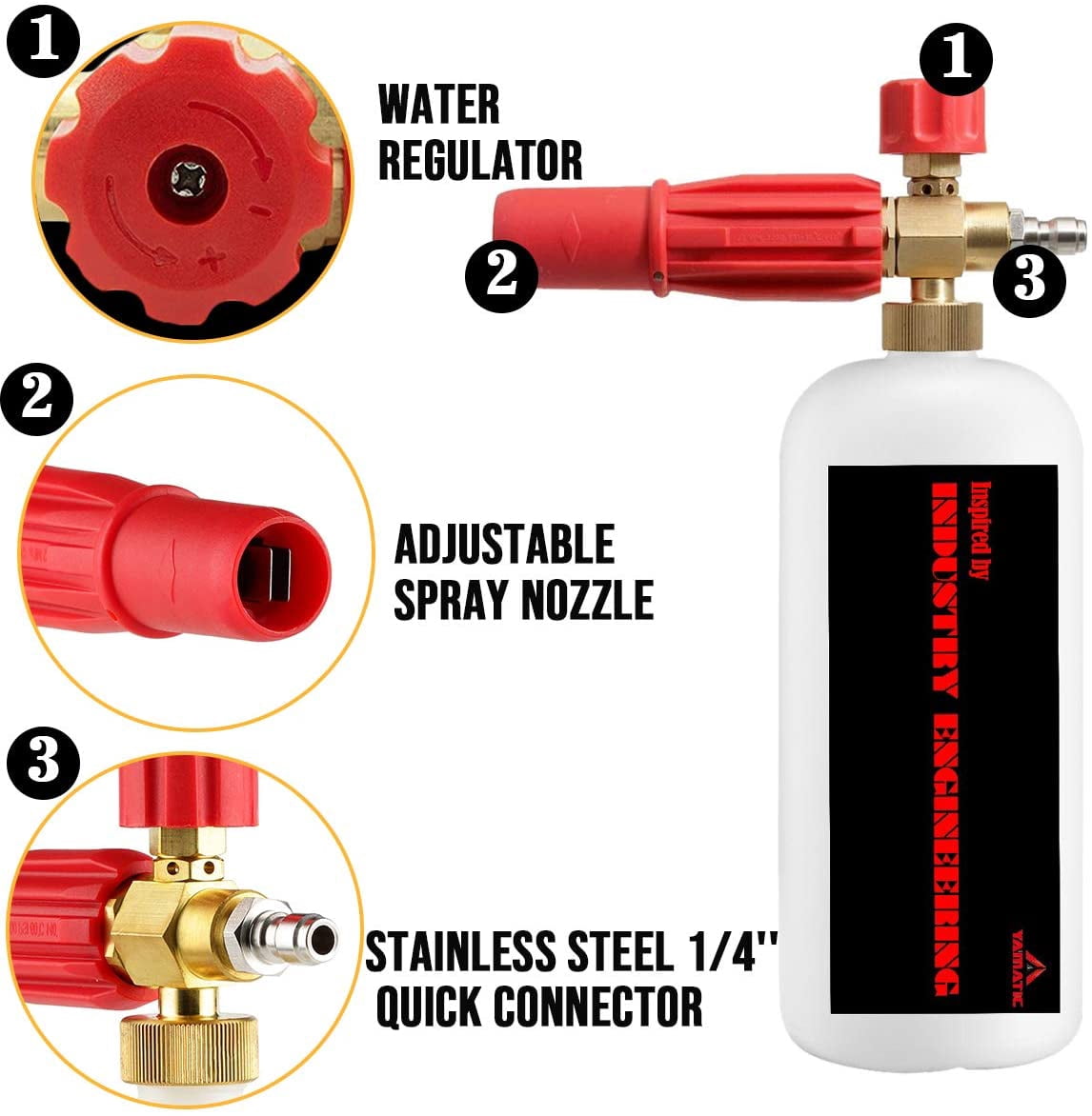 YAMATIC Heavy Duty Foam Cannon, Adjustable Snow Foam Lance, 1/4" Quick Connect, 5 Nozzle Tips