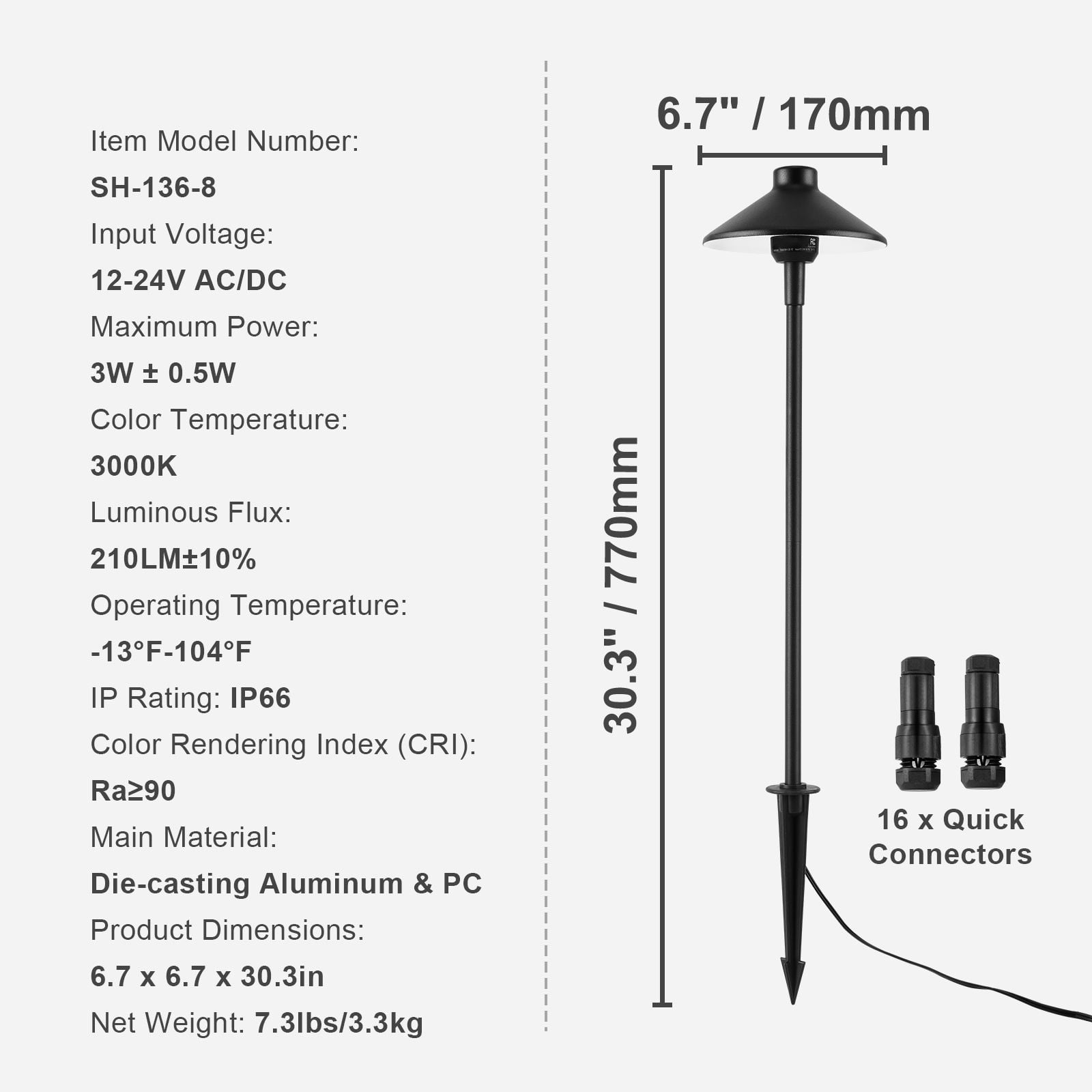 8-Pack LED Low Voltage Landscape Path Lights, 12-24V, 210LM, IP66 Waterproof, Replaceable Bulb, for Garden Walkway