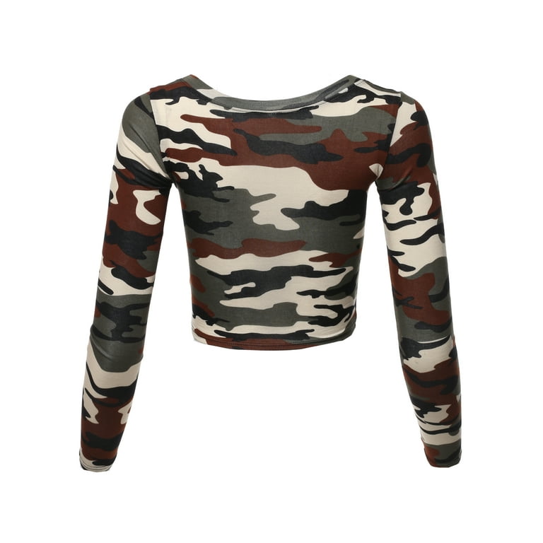 A2Y Women's Basic Solid Stretchable Scoop Neck Long Sleeve Crop Top Camo  Olive S 