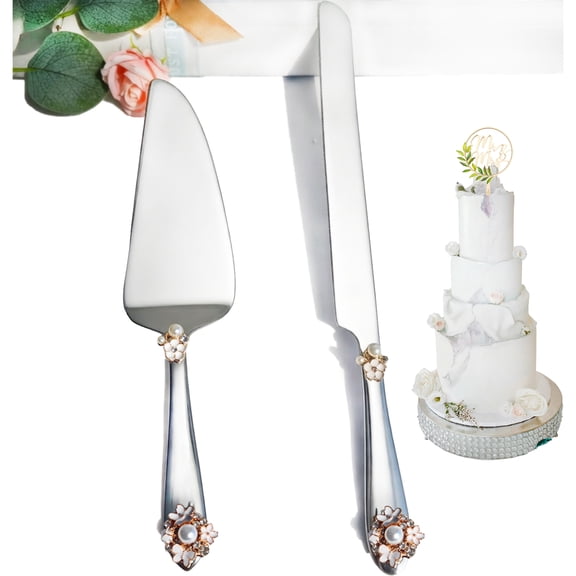 BoisDubois Handcrafted Luxury gold Wedding Cake Knife and Server Set – Stainless Steel with Crystal & Gemstone Gift for Wedding, Anniversary, Engagement, Bridal Shower (silver perl)