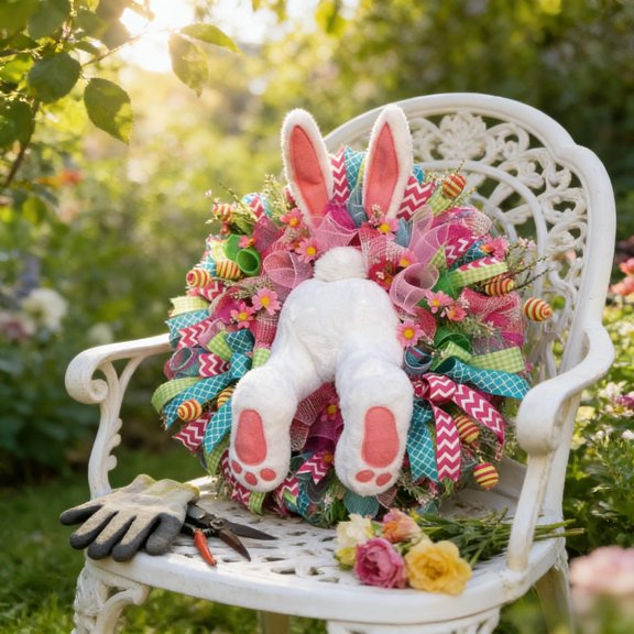 Spring Floral Easter Bunny Wreath for Front Door, Festive Door Wreath with Flowers for Indoor Outdoor, Bunny Wreath Decorations for Easter Party