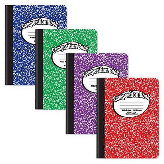 Composition Book Notebook - Hardcover, Wide Ruled (11/32-inch), 100 Sheet, One Subject, 9.75" x 7.5", Assorted Covers: Red, Blue, Green, Purple-4 Pack