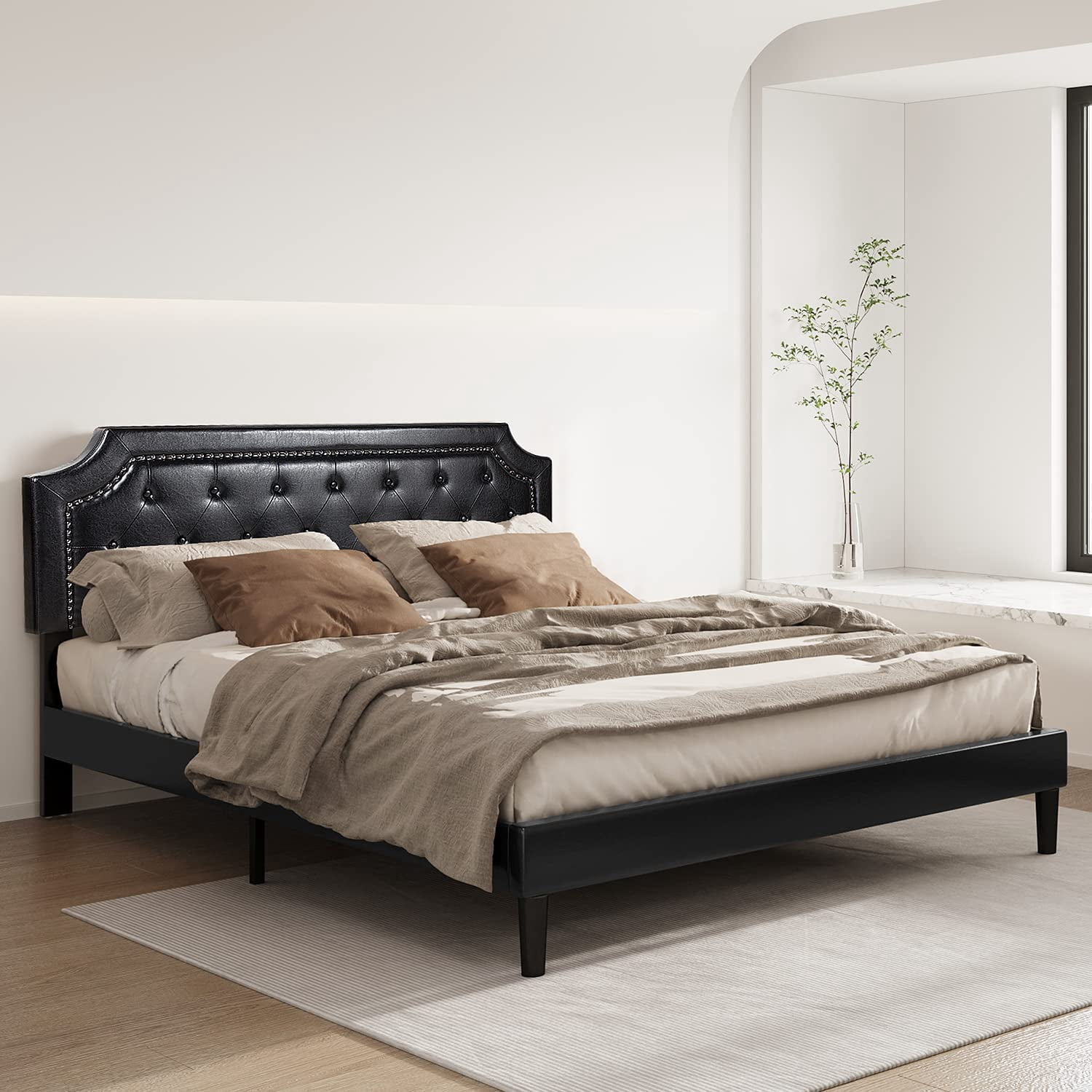 BONSOIR FULL Size Bed Frame Upholstered Low Profile Platform Bed with Tufted Faux Leather Headboard/No Box Spring Needed/No Bed Skirt Needed (Black, Full Size)