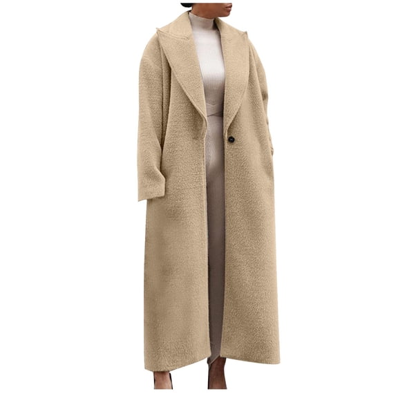 Zpanxa Long Winter Coats for Women Notched Lapel Wool Blend Casual Hoodless Coat with Pockets Khaki XL