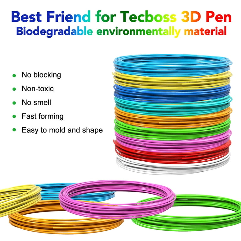 3D Pen Filament 10 Color 160 Feet, Tecboss PLA Filament 1.75mm  High-Precision Diameter - 3D Pen/3D Printer Filament Refills, Bonus 250  Stencils eBooks 