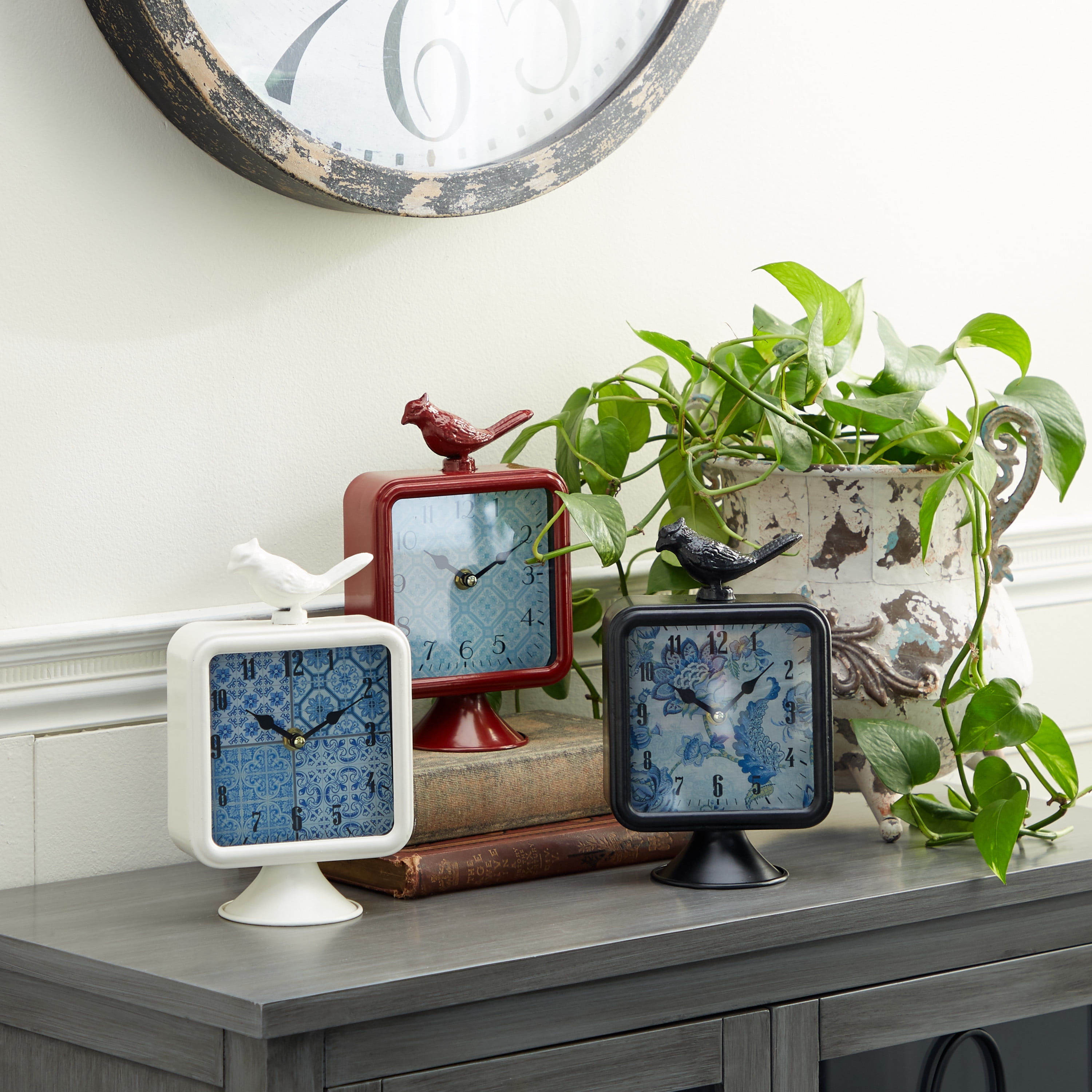 DecMode 9" Multi Colored Metal Bird Clock, Set of 3