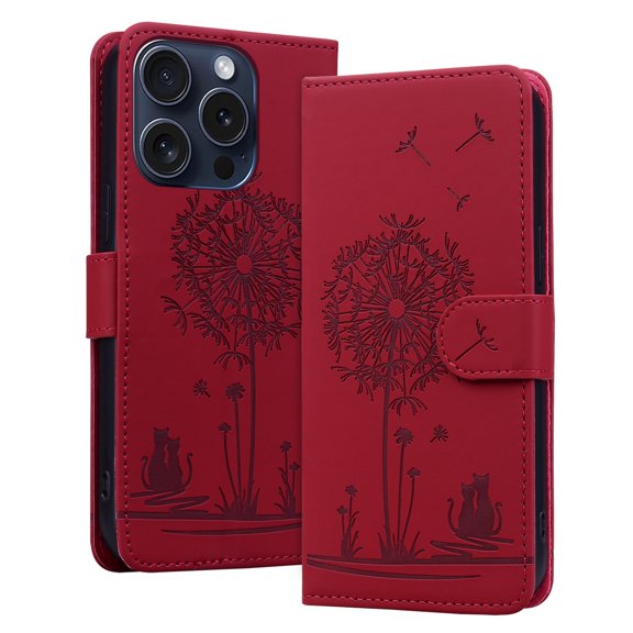 ELEHOLD Case for iPhone 15 Pro, Premium PU Leather Wallet Flip Case Folio Cover with Card Holder Kickstand,Red