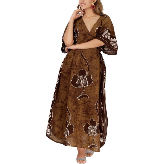 HAPPY BAY Women's Summer Batik Caftan Loungewear House Dashiki Dress V Neck Kaftan Nightshirts for Women Sleepwear 2X-3X Floral, Brown