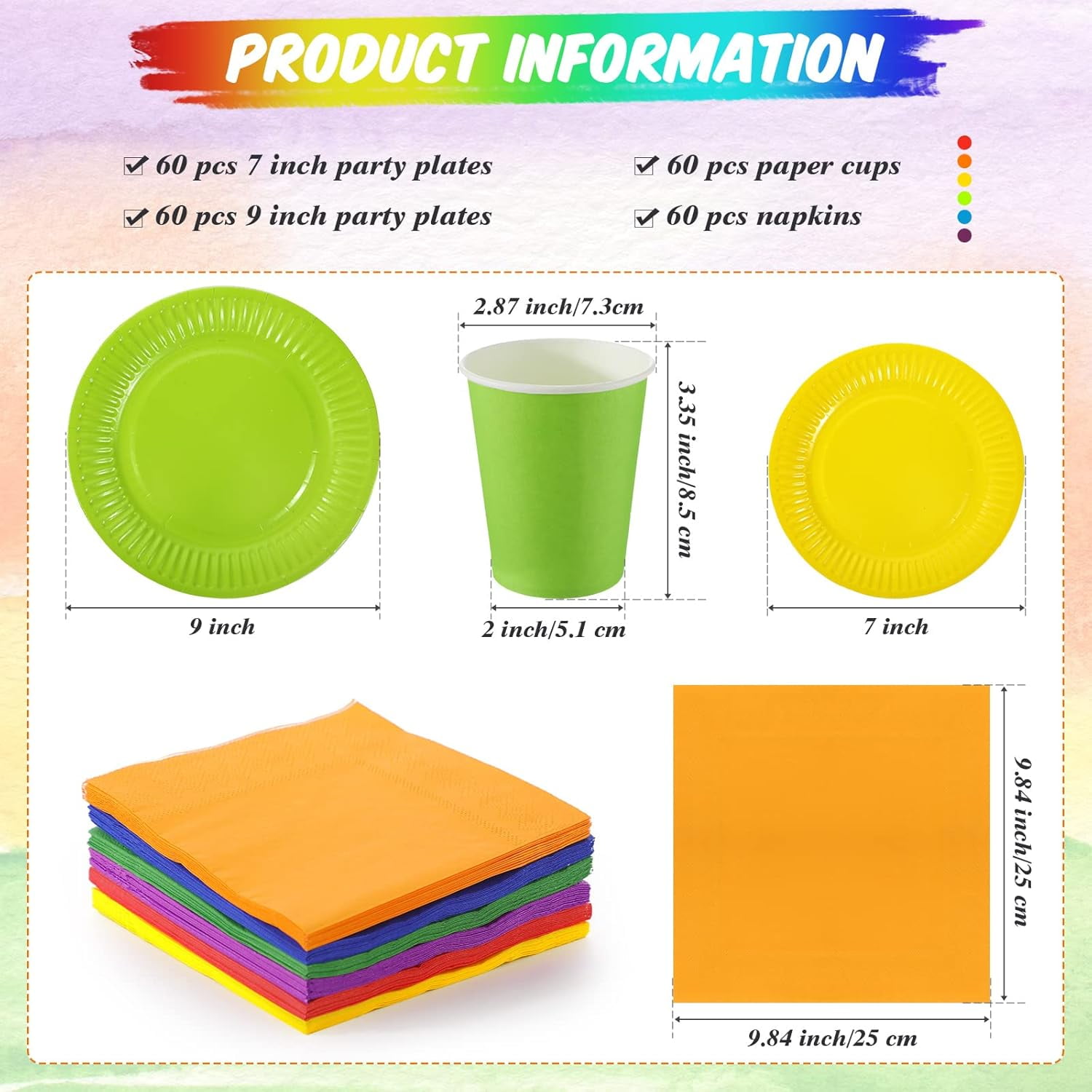 240 Pieces Rainbow Party Tableware 60 Set Colorful Paper Plates and Napkins 9oz Paper Cups Complete Pack Disposable Dinnerware Set for Neon Rainbow Birthday Party Decorations Supplies
