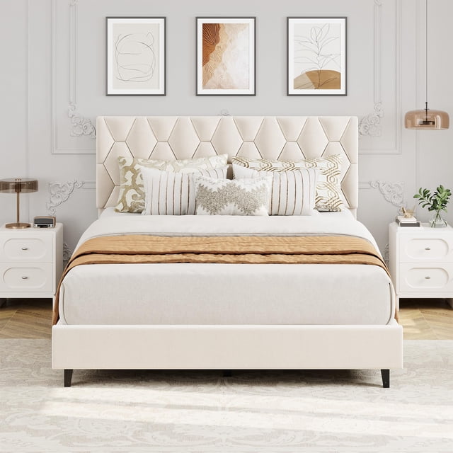 Yeshouse Estructura de cama tapizada con cabecera ajustable, plataforma resistente con soporte de listones de madera resistentes, silenciosa, no requiere somier