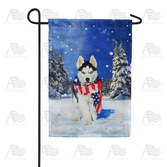America Forever Winter Husky Garden Flag Double Sided Vertical Decorative 12.5 x 18 inches for Outdoor, Yard, Porch Happy Holiday Welcome Snowfall Patriotic Dog Scarf Pine Tree Garden Flag