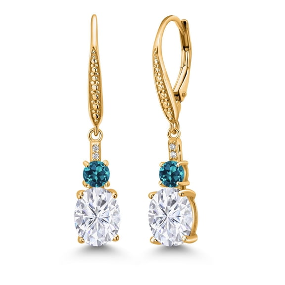 Gem Stone King 18K Yellow Gold Plated Silver White Moissanite and London Blue Topaz Dangle Earrings for Women with Lab Grown Diamond (4.89 Cttw, Oval 9X7MM)