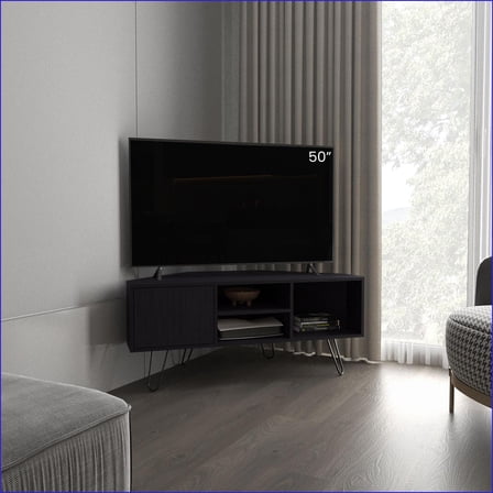 TV Furniture Corner TV Stand with 2 Shelves & 2 Cabinets | Black | Modern