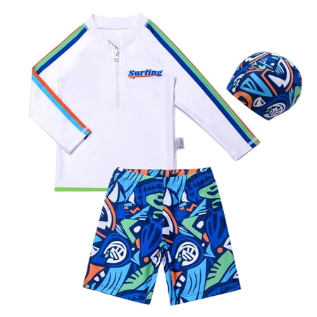 Karoyedx Swim Outfit for Boys Toddler Baby Boys Rash Guard Set for Kids Boys Swim Set with Swim Trunks Long Sleeve Bathing Suits Blue Size 3-4 Years