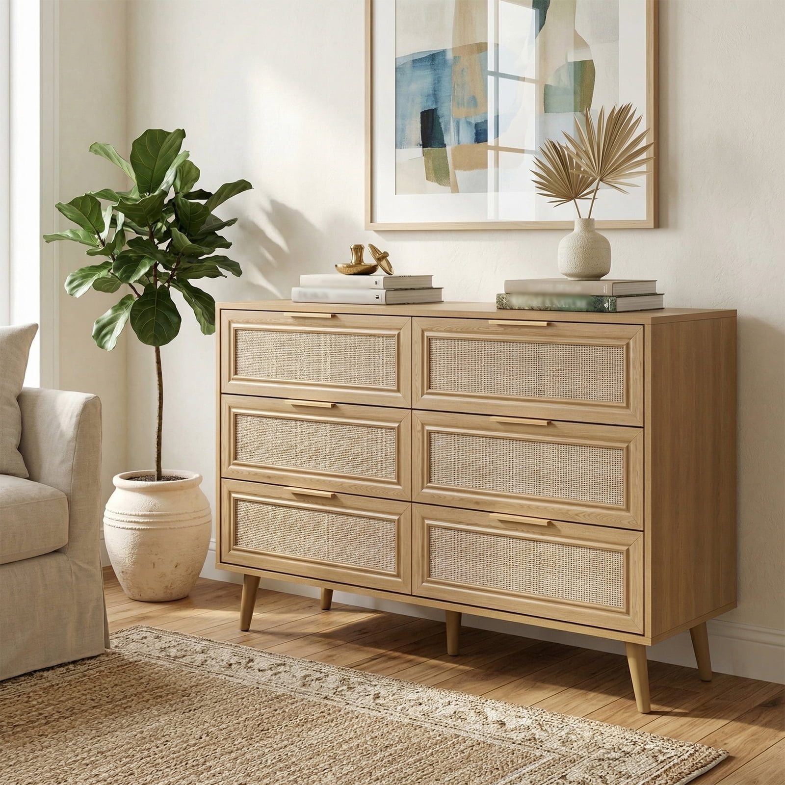 47.2"W Rattan 6 Dresser for Bedroom, Double Wooden Dressers Large Chest of Drawers with Golden Handles,Rattan Buffet Sideboard