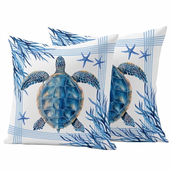 2 Pack Outdoor Waterproof Throw Pillow Covers,Summer Ocean Blue Turtle on White Decorative Square Patio Pillowcases for Chair Couch Sofa 16x16in