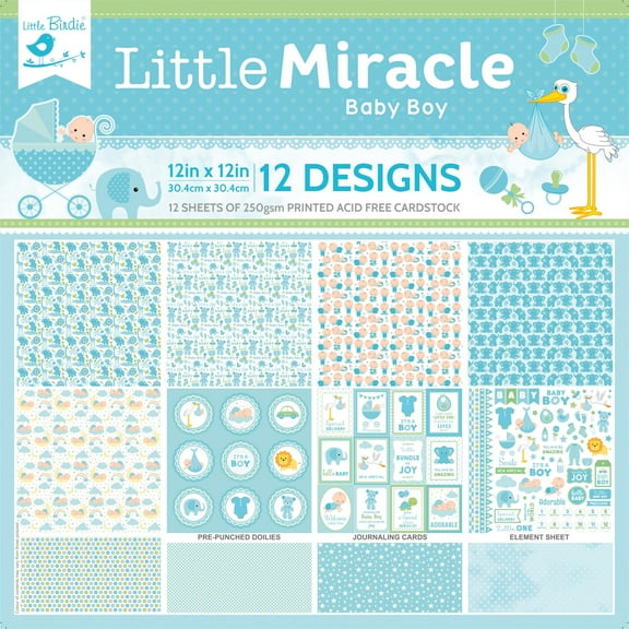 Little Birdie Little Miracle Cardstock Pack 12"X12" 12/Pkg-Baby Boy