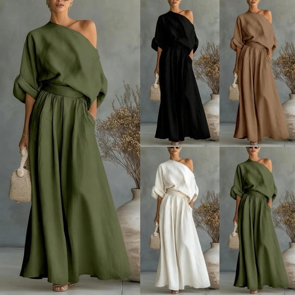 Idoravan 2 piece sets for women going out Fashion Women One Shoulder Short Sleeve And Long Pants Solid Casual 2PC Sets