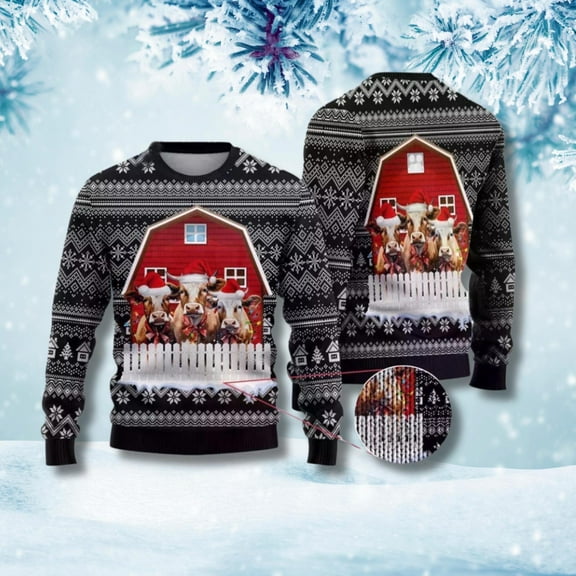Funny Christmas Cow Ugly Sweater Barn Farm Animal Print Holiday Jumper Gift For Farmers Men Women Winter Outfit Festive Design