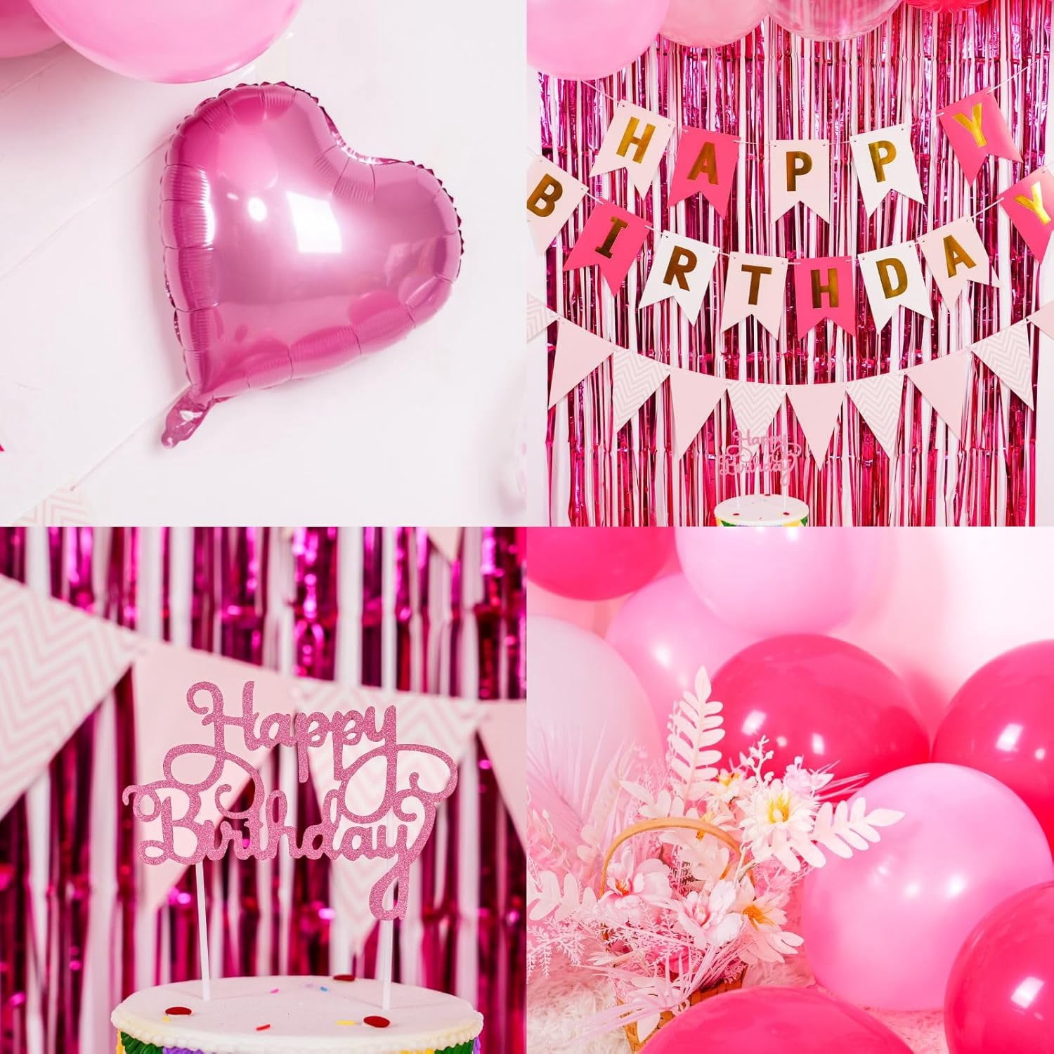 Hot Pink Birthday Decorations for Girls,Happy Birthday Banner Party Decoration Fringe Curtain Heart Foil Balloons for Women Party Decorations