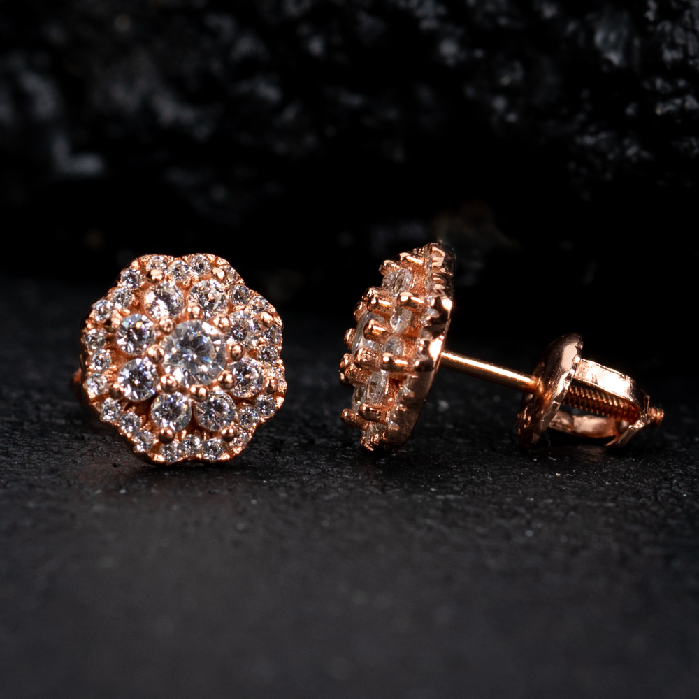 Pink Rose Gold Plated 925 Sterling Silver Screw Back Post Iced CZ Circle Flower Cluster Round Hip Hop Stud Earrings