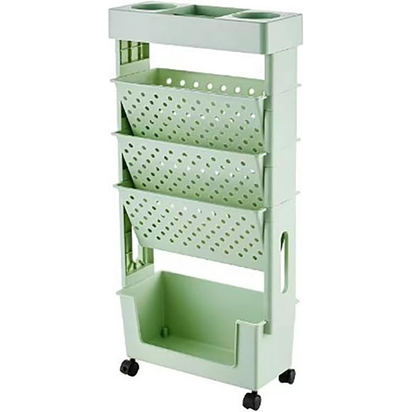 GHSDFBB 5 Tier Book Rack Storage Bookshelf, Movable Bookshelf Multilayer Capacity Rotatable Removable Plastic Practical Rolling Organization Shelf with Wheel(Green)