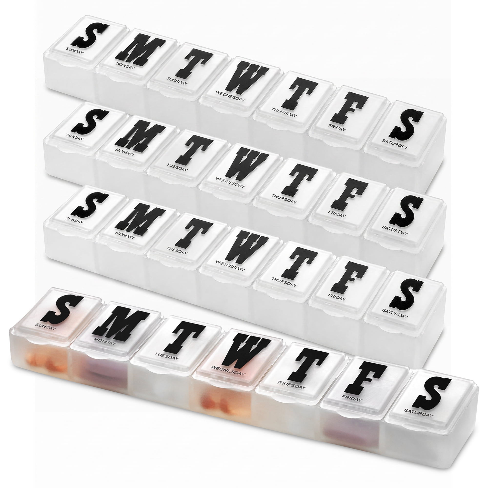 MEDca Pill Organizers - Pack of 4 Bold Letter Weekly Pill Planners for 28 D - Plastic