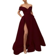Off Shoulder Long Slit Prom Dresses A-Line Satin Formal Evening Party Gowns with Pockets