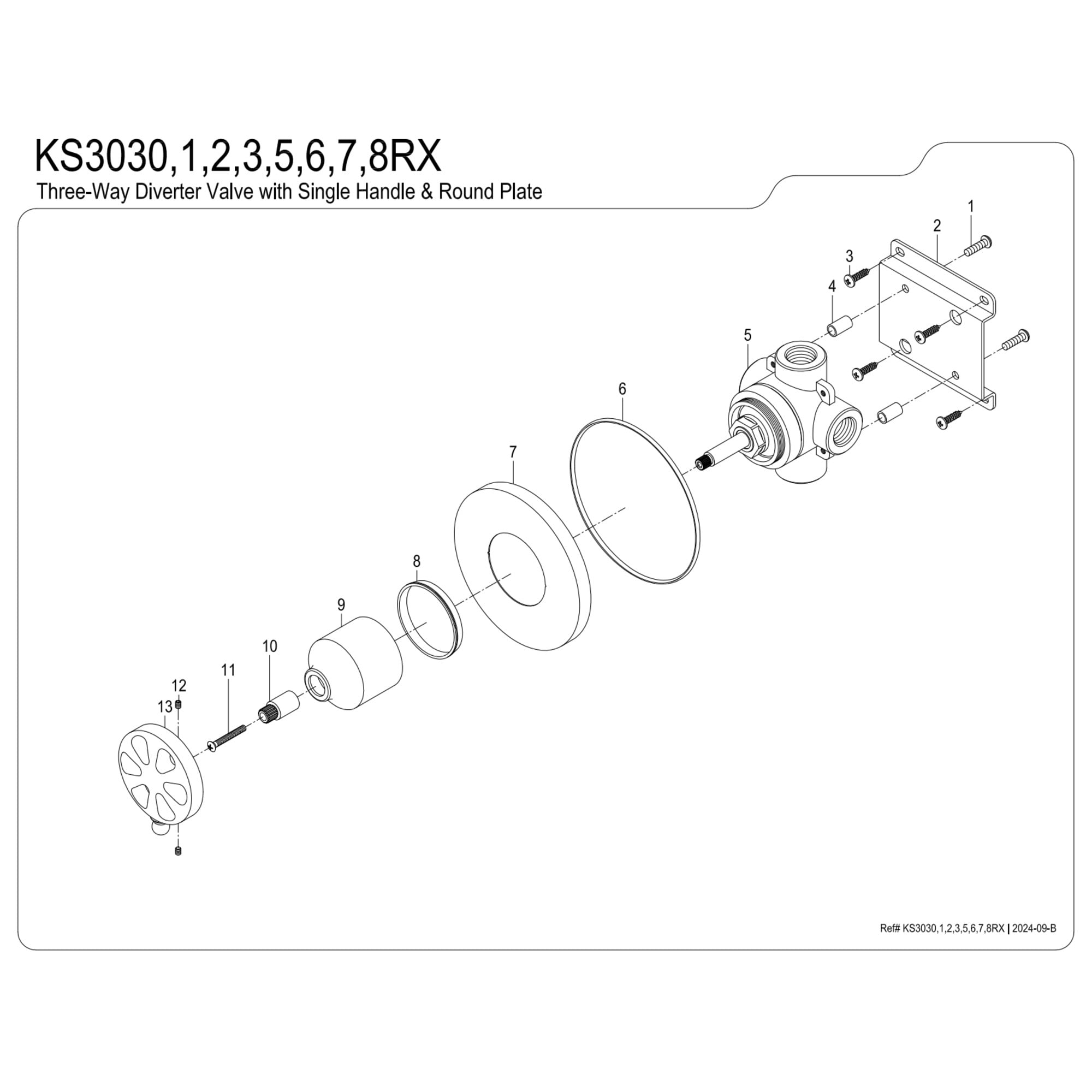 Kingston Brass KS3031RX Belknap Single-Handle Three-Way Diverter Valve with Round Trim Kit, Polished Chrome