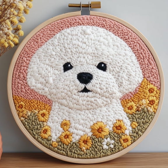 DIY Punch Needle Kits for Beginners Cute Bichon Frise Dog with Sunset with Hoop Embroidery Punch Needle Starter Craft Set Easy for Adults and Children Festival Gift and Decoration 20x20cm-1