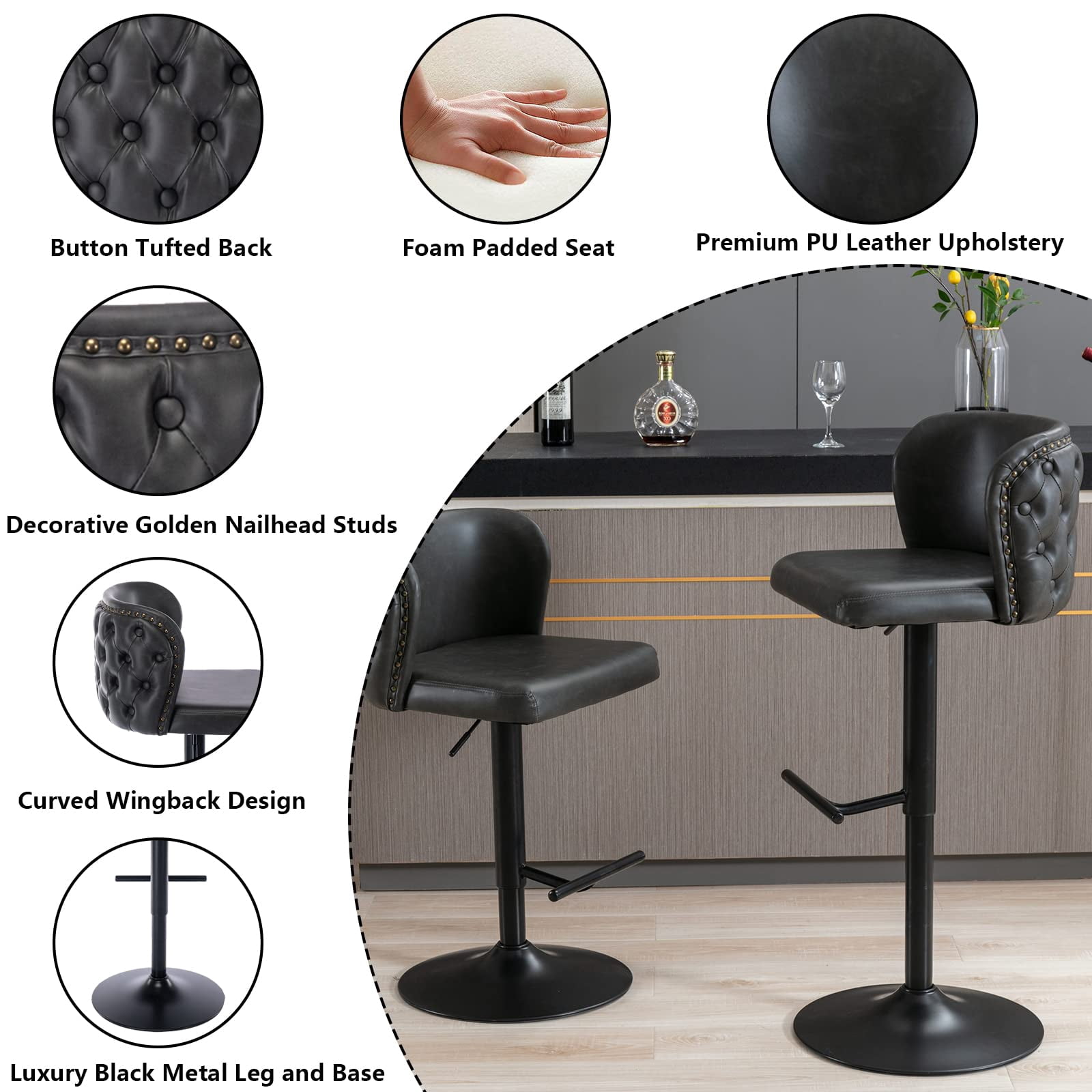 DONICK Swivel Counter Height Barstools,Upholstered Bar Stools Adjustable Height Nailhead Button Tufted Kitchen Island (PU,Dark,Set of 2)