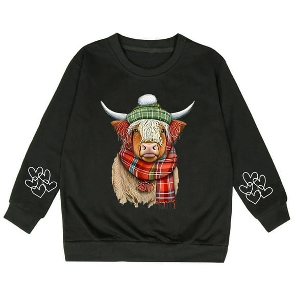 Hwmodou Girls Sweatshirts Cattle Print Crew Neck Hoodie Leisure Comfy Top,3-14Y