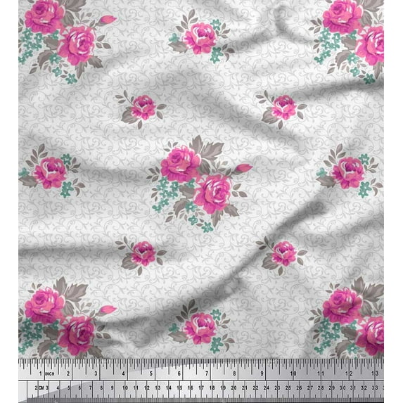 Soimoi Poly Georgette Fabric Swirl,Leaves & Rose Floral Fabric Prints By Yard 52 Inch Wide