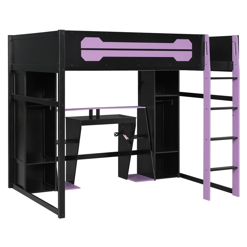 Full Size Wooden E-Sport Loft Bed with Desk, LED Lights & Charge Station, Storage Bed Frame with Built-in Wardrobe & Cabinets