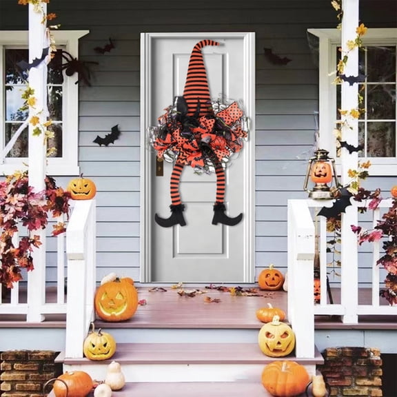 Halloween Wreath Door Hanger - Witch Legs Decor with String Lights, Haunted House Prop, Front Door Festive Ornament, Halloween Indoor Outdoor Party Decoration