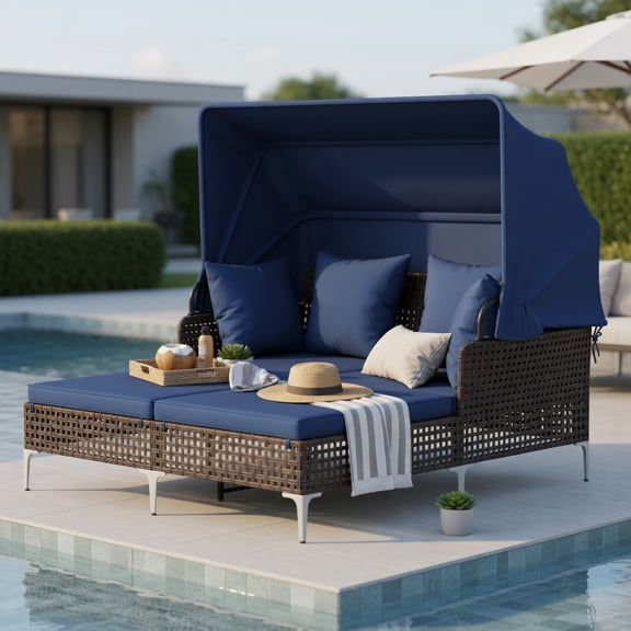 Spaco Single Outdoor Patio Daybed, PE Wicker Rattan Lounger with Retractable Sun Canopy, Navy