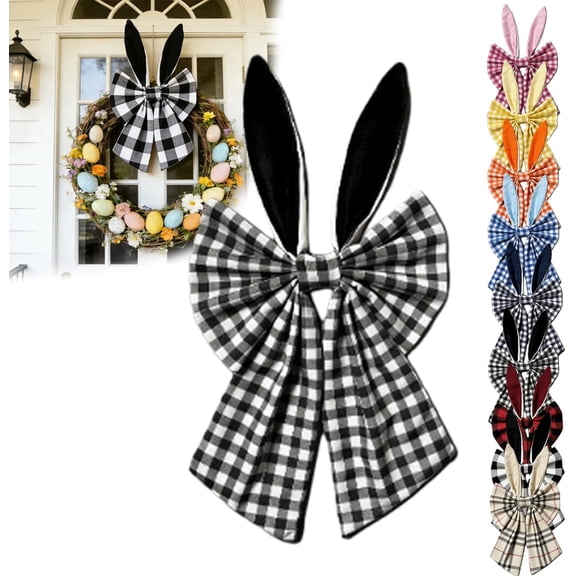 16" Bunny Ears Wreath Bow, Rustic Buffalo Plaid Easter Bow, Easter Bunny Ears Bows for Wreaths, with Bunnies Ear Holiday Fabric Decorative Bows, for Tree Topper Front Door(Q)