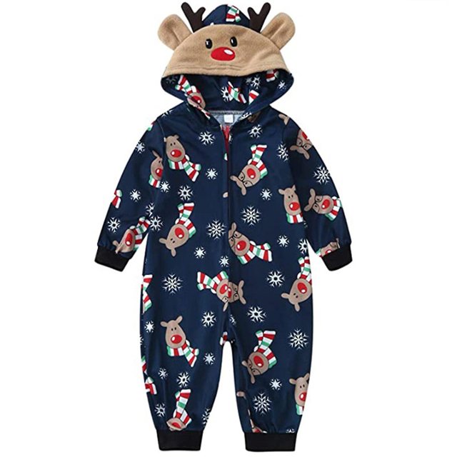 Pyjama de Noël Assorti pour la Famille avec Rennes, Justaucorps à Capuche une Pièce