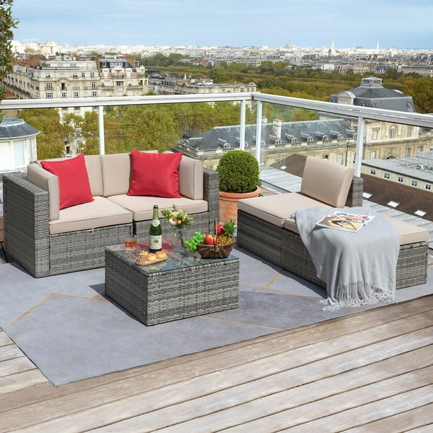 Devoko 5 Pieces Patio Outdoor Wicker Rattan Sofa Sectional Sets with