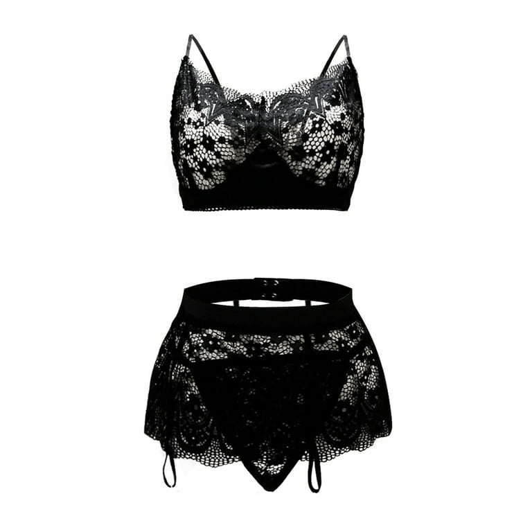 Frehsky lingerie for women Women Lingerie Sets With Garter Belt 3 Piece Lace  Teddy Bodysuit Embroidery Nightgown Nightwear With Thong Black 